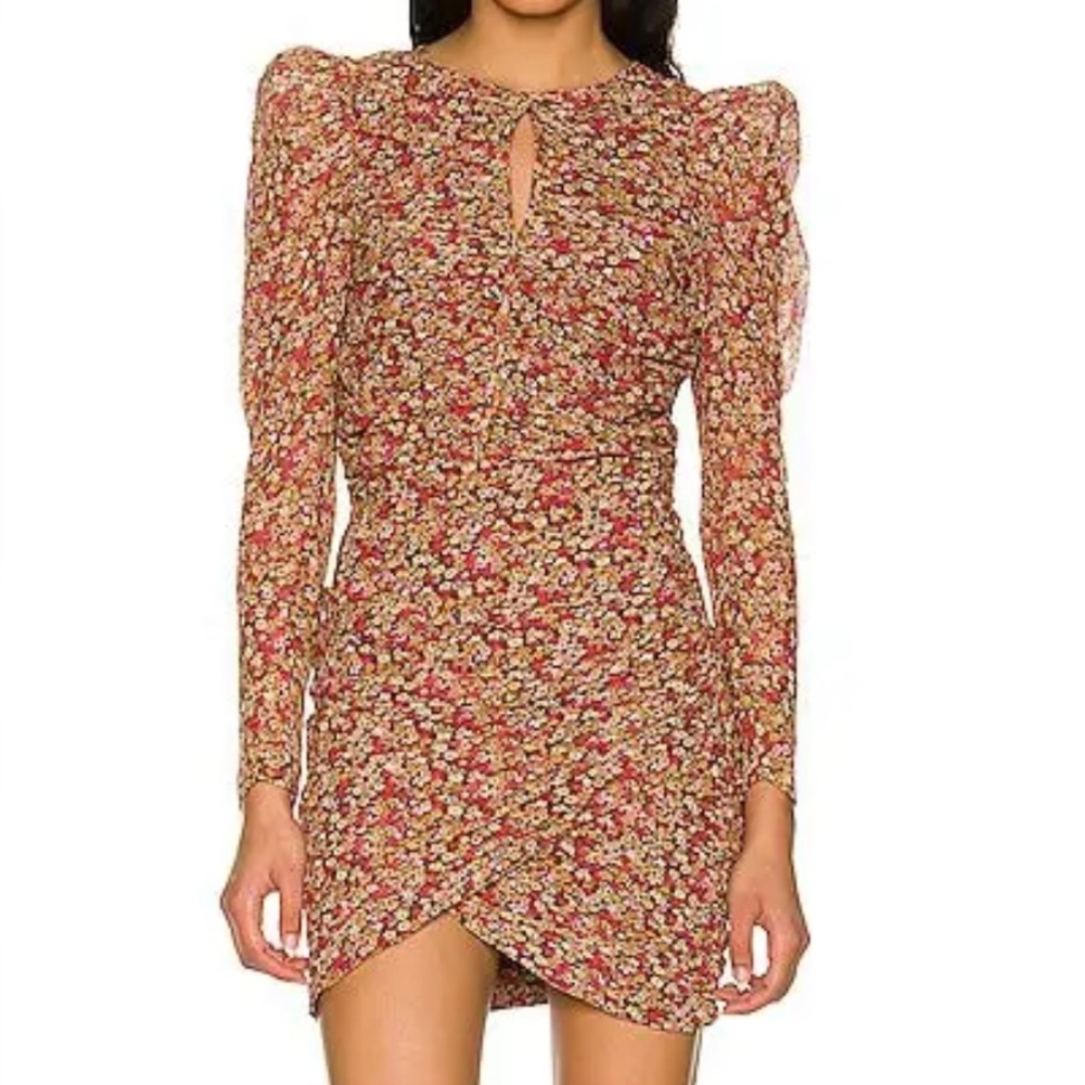 Bardot Ruched Dress Long Sleeve Puff Shoulder Mini Cut Out Fall Brown Size 4 NWT